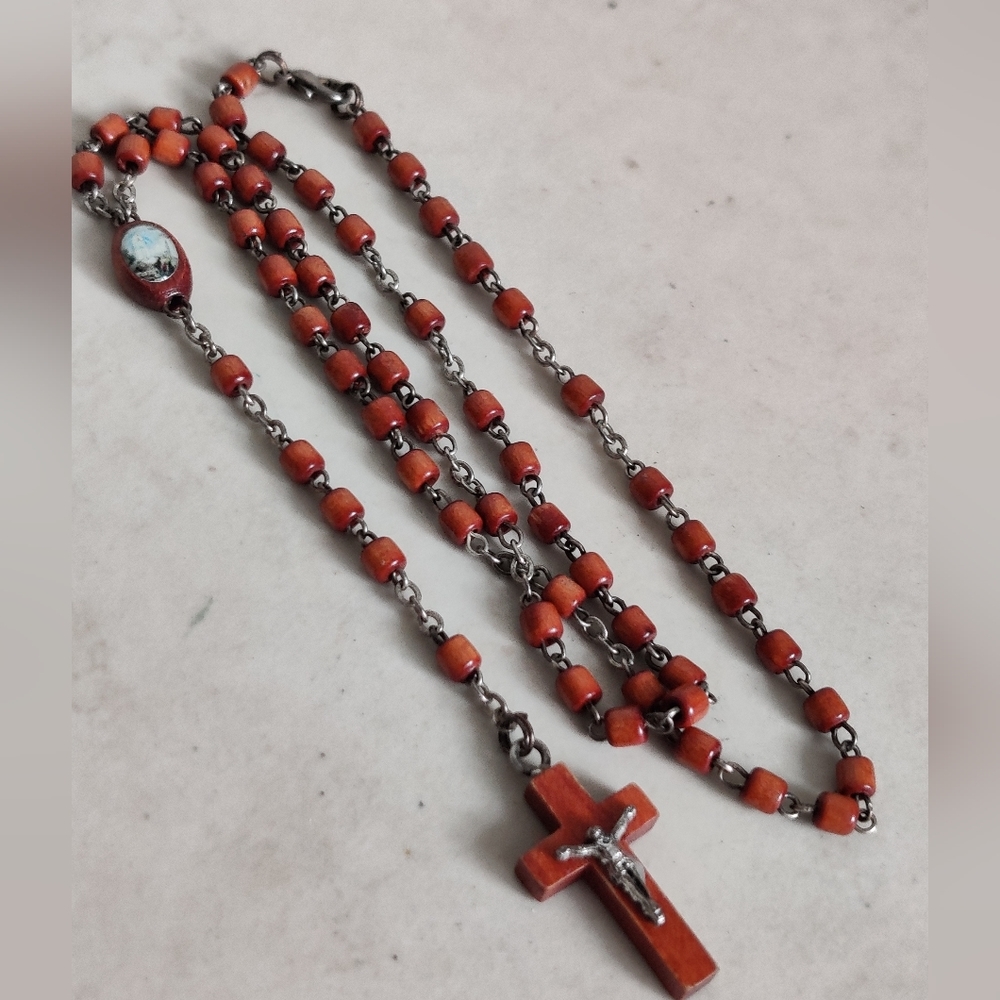 Vintage French Catholic Wood Rosary